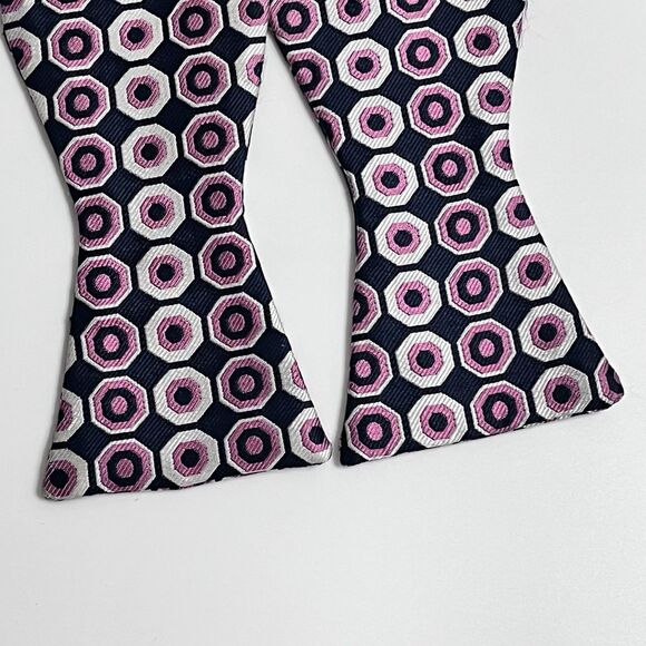 JS Blank 100% Silk Black & Pink Geometric Self Tie Woven Bow Tie - Picture 5 of 11